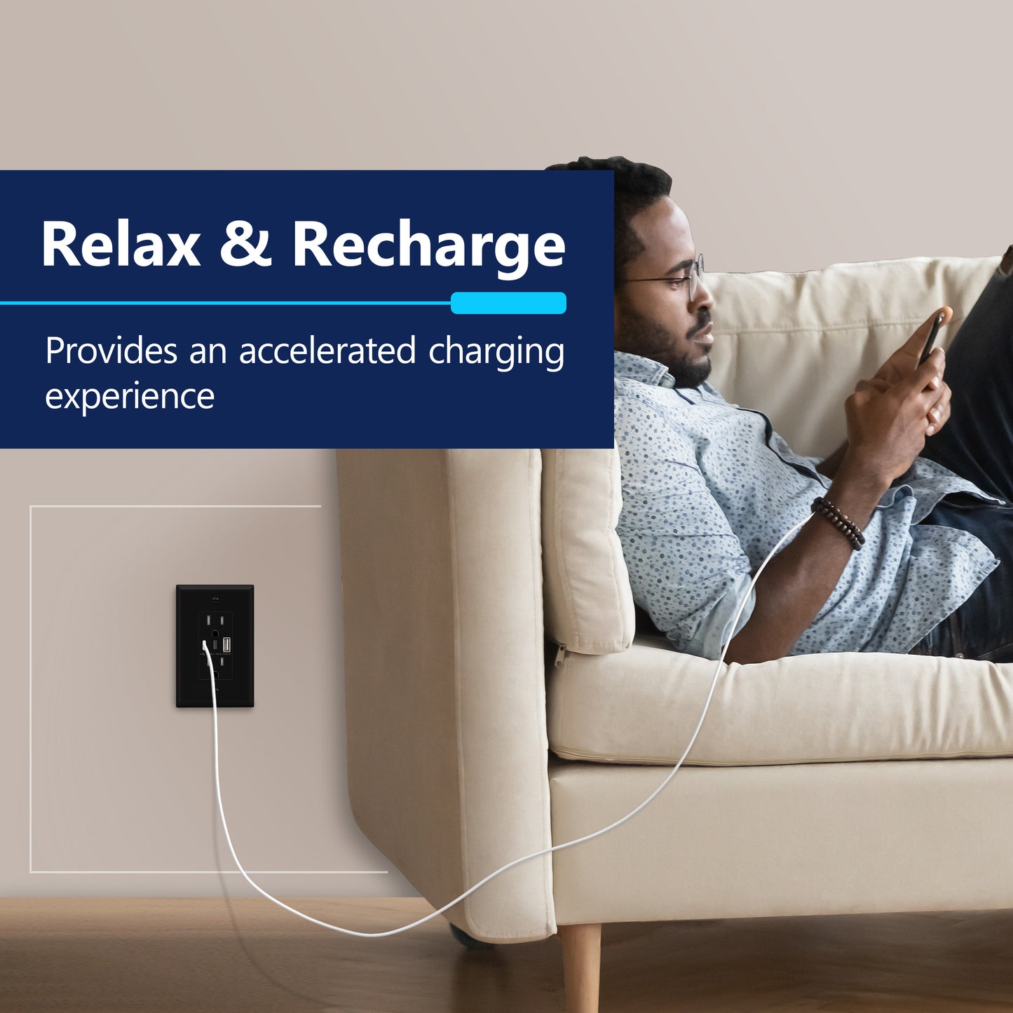 USB Type-A and Type-C charger with 15A Tamper-Resistant Receptacles, Duplex Receptacle with 1 USB Type-A and 2 USB Type-C Charging Ports, Interchangeable Face Cover, Wall Plate Included
