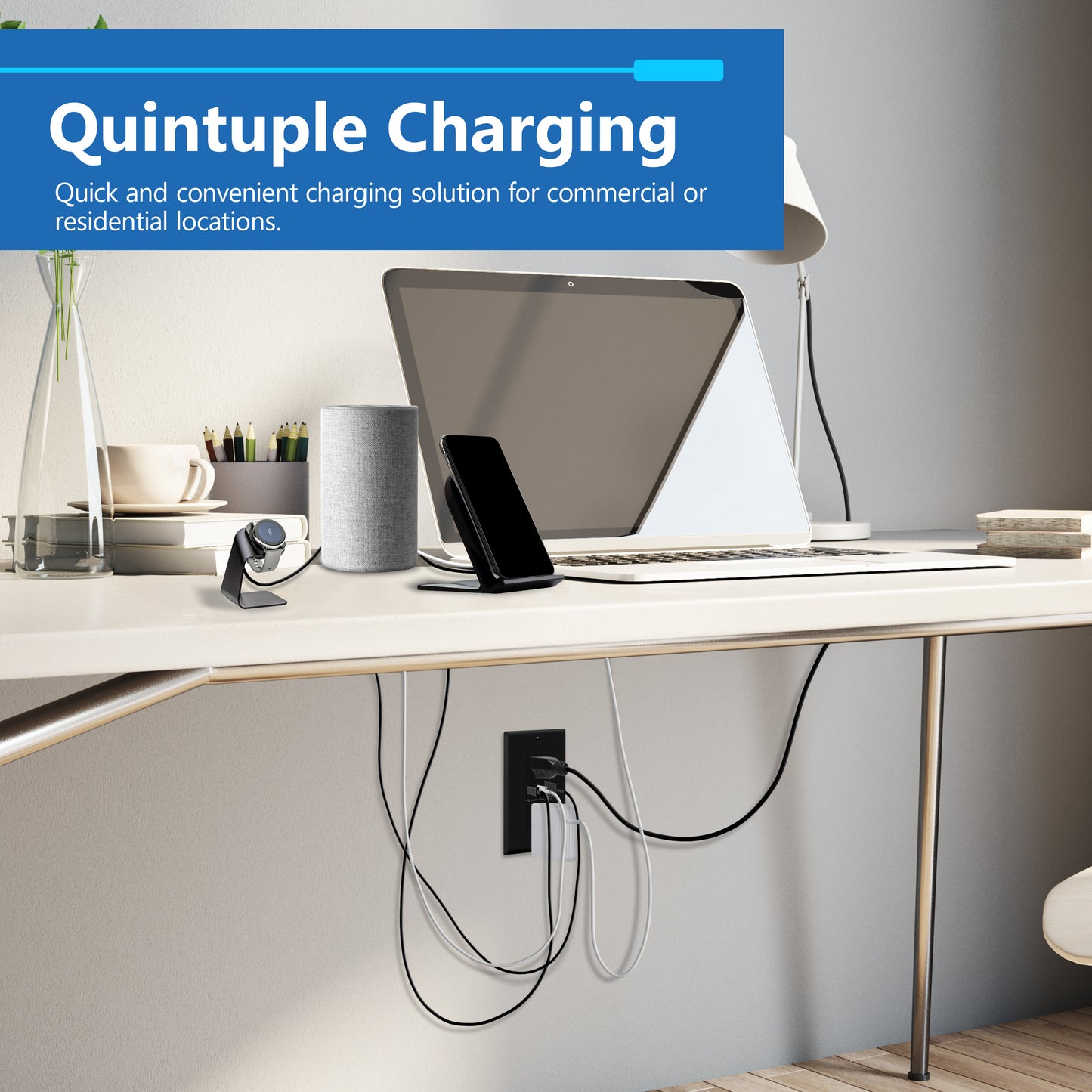 USB Type-A and Type-C charger with 15A Tamper-Resistant Receptacles, Duplex Receptacle with 1 USB Type-A and 2 USB Type-C Charging Ports, Interchangeable Face Cover, Wall Plate Included