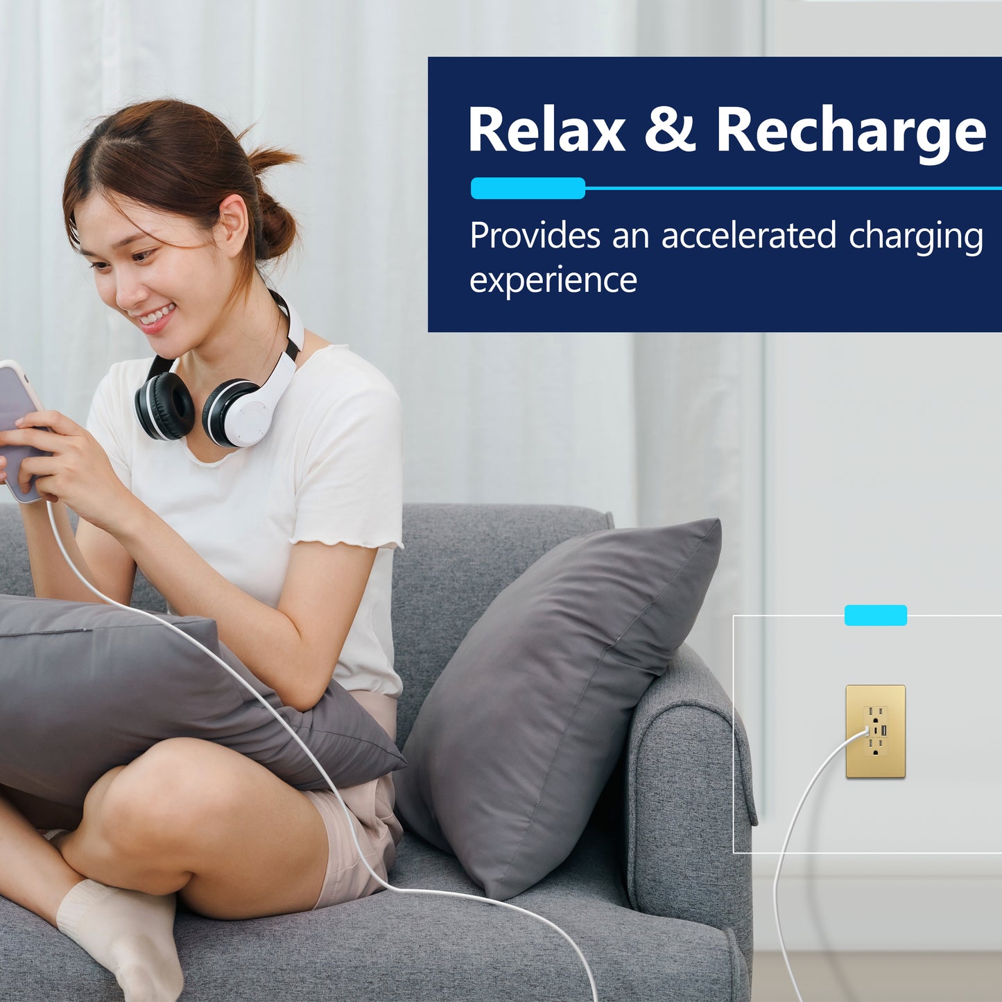 USB Type-A and Type-C charger with 15A Tamper-Resistant Receptacles, Duplex Receptacle with 1 USB Type-A and 2 USB Type-C Charging Ports, Interchangeable Face Cover, Wall Plate Included