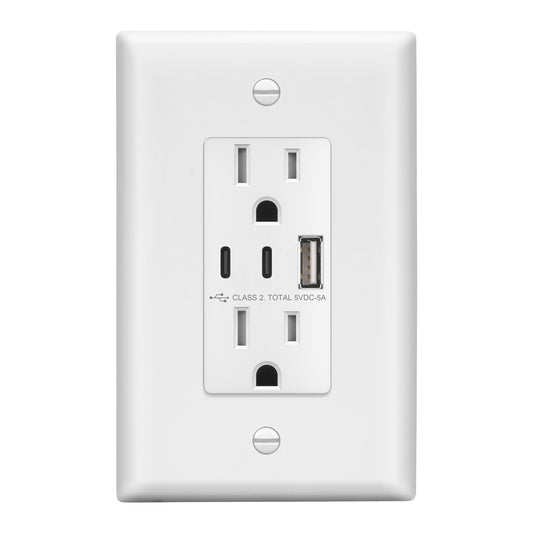 USB Type-A and Type-C charger with 15A Tamper-Resistant Receptacles, Duplex Receptacle with 1 USB Type-A and 2 USB Type-C Charging Ports, Interchangeable Face Cover, Wall Plate Included