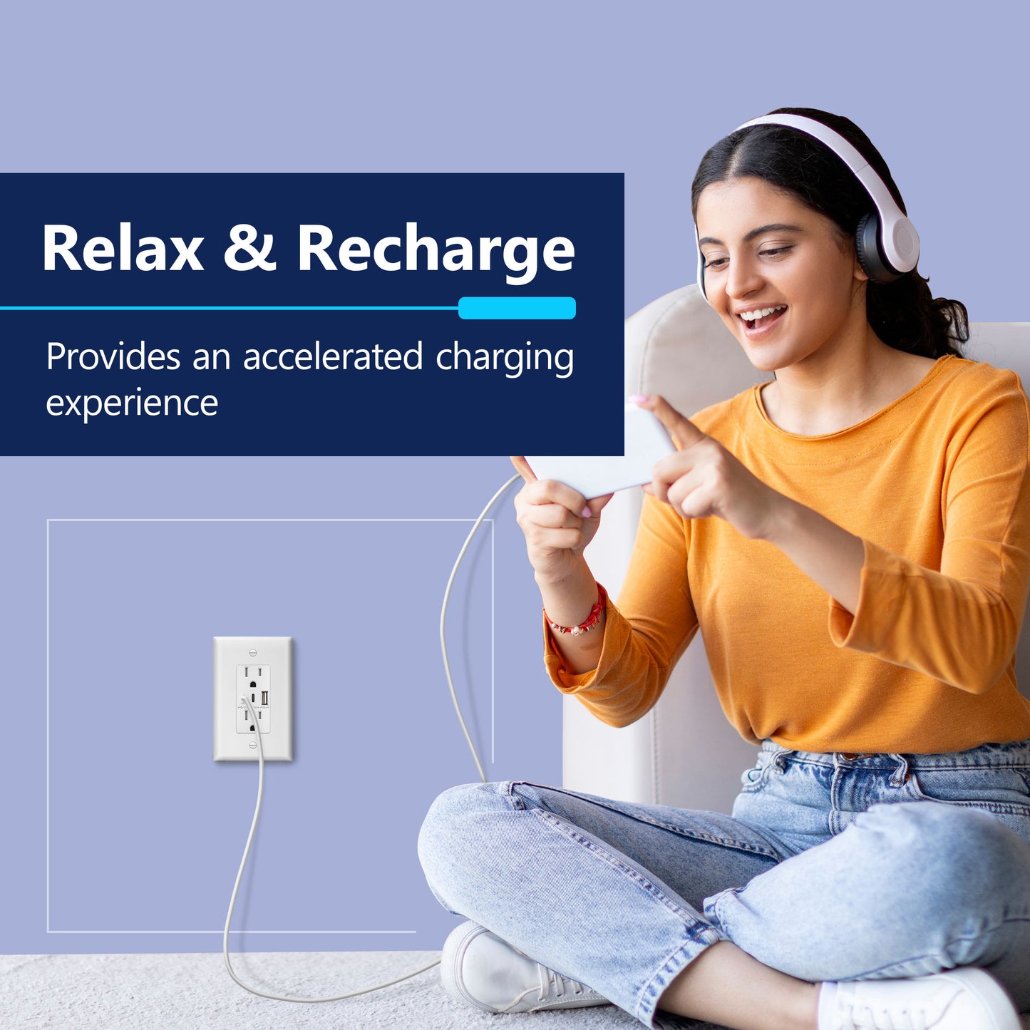 USB Type-A and Type-C charger with 15A Tamper-Resistant Receptacles, Duplex Receptacle with 1 USB Type-A and 2 USB Type-C Charging Ports, Interchangeable Face Cover, Wall Plate Included