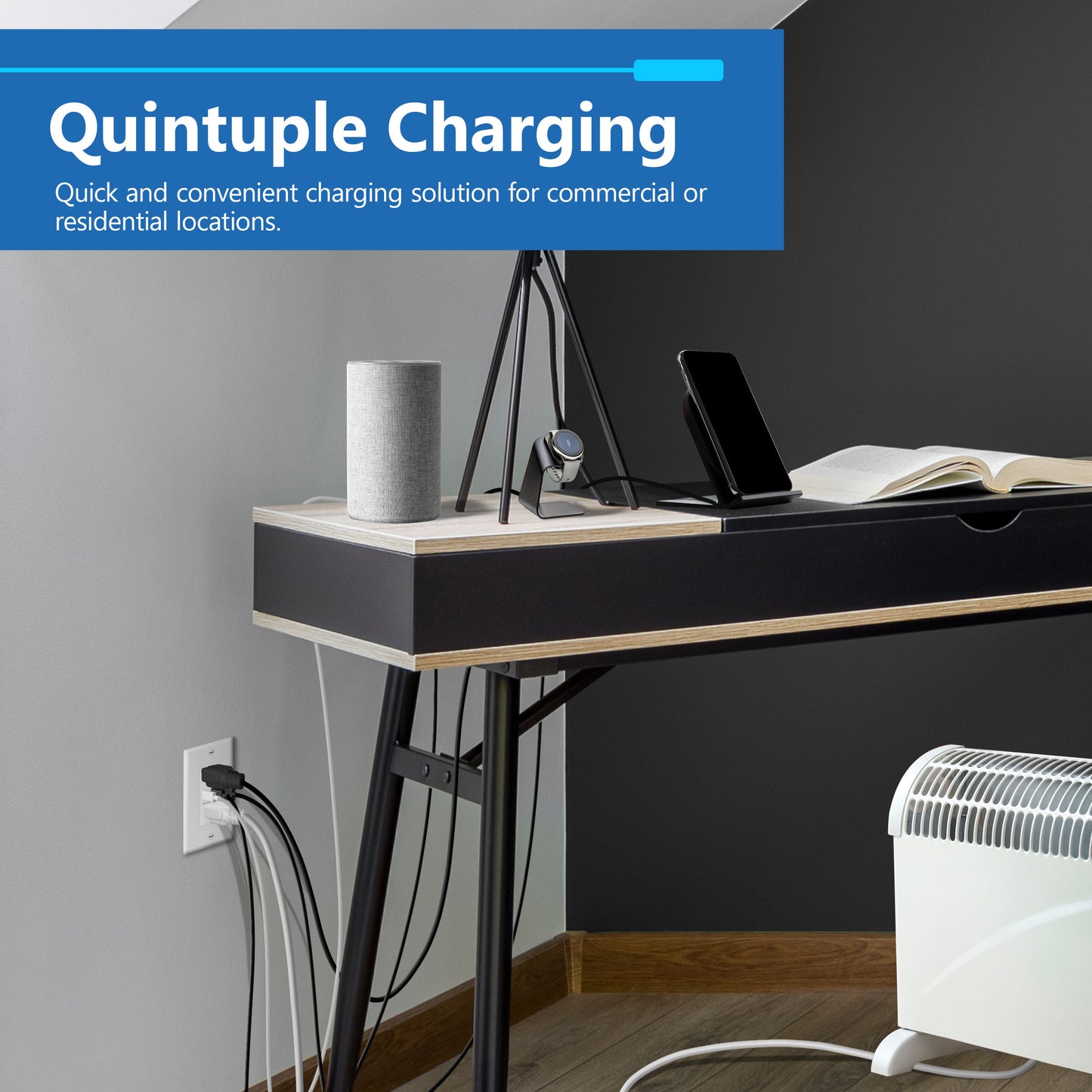 USB Type-A and Type-C charger with 15A Tamper-Resistant Receptacles, Duplex Receptacle with 1 USB Type-A and 2 USB Type-C Charging Ports, Interchangeable Face Cover, Wall Plate Included