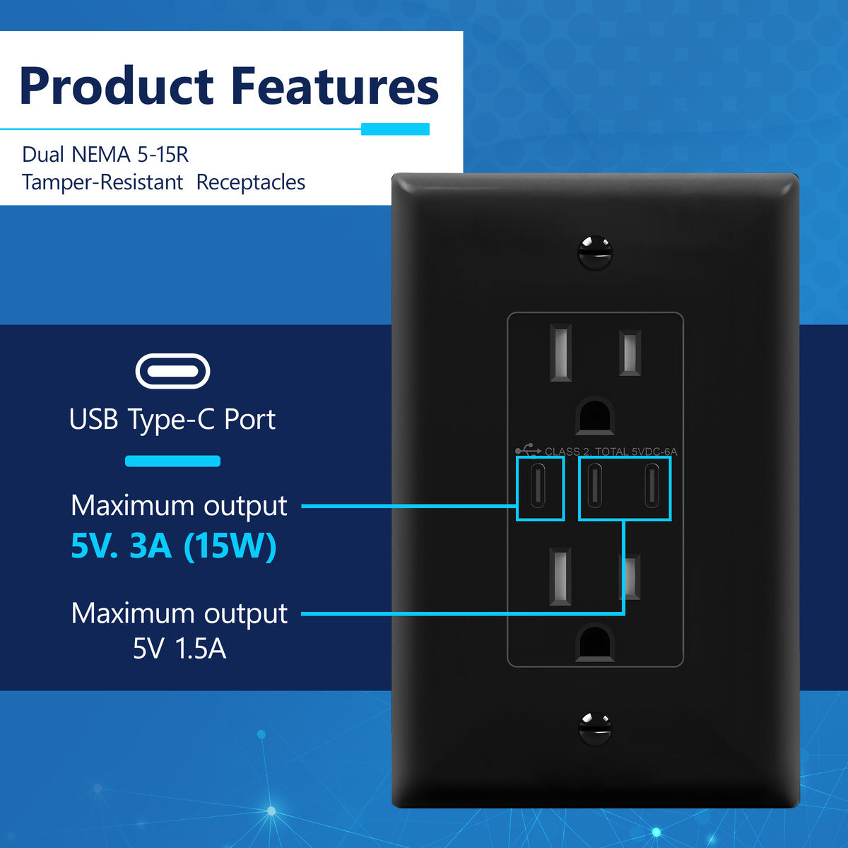 USB Type-C charger with 15A Tamper-Resistant Receptacles, Duplex Receptacle with 3 USB Type-C Charging Ports, Interchangeable Face Cover, Wall Plate Included