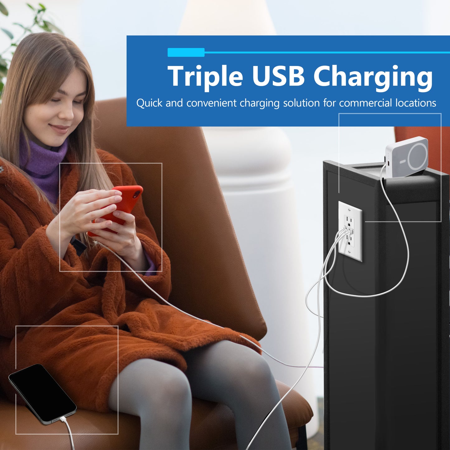 USB Type-C charger with 15A Tamper-Resistant Receptacles, Duplex Receptacle with 3 USB Type-C Charging Ports, Interchangeable Face Cover, Wall Plate Included
