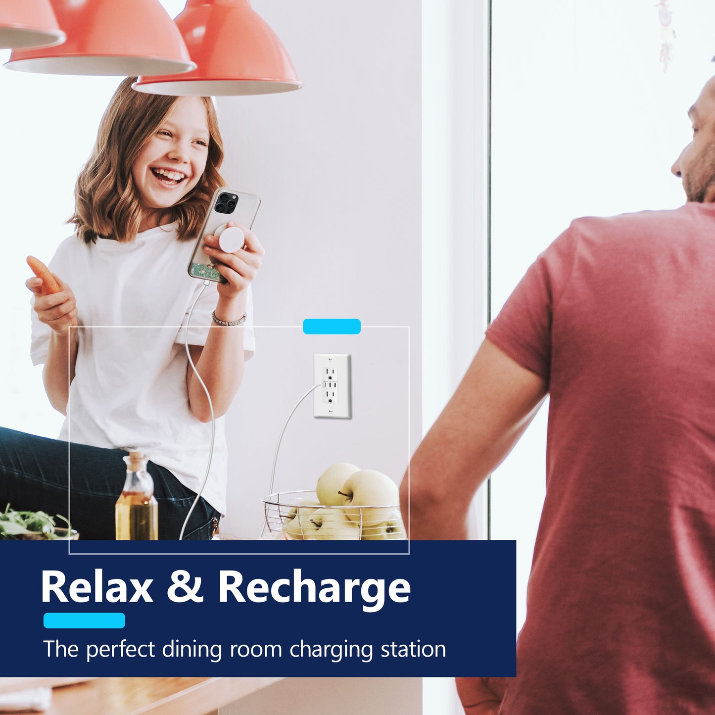 USB Type-C charger with 15A Tamper-Resistant Receptacles, Duplex Receptacle with 3 USB Type-C Charging Ports, Interchangeable Face Cover, Wall Plate Included