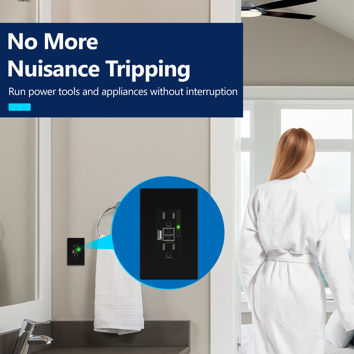 15A GFCI USB Outlet, Tamper-Resistant Receptacle with Self-Test, LED Indicator, USB 1A1C