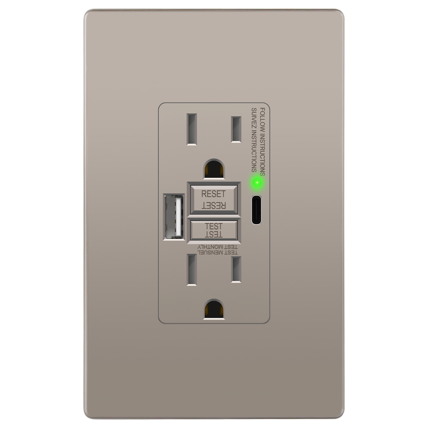15A GFCI USB Outlet, Tamper-Resistant Receptacle with Self-Test, LED Indicator, USB 1A1C
