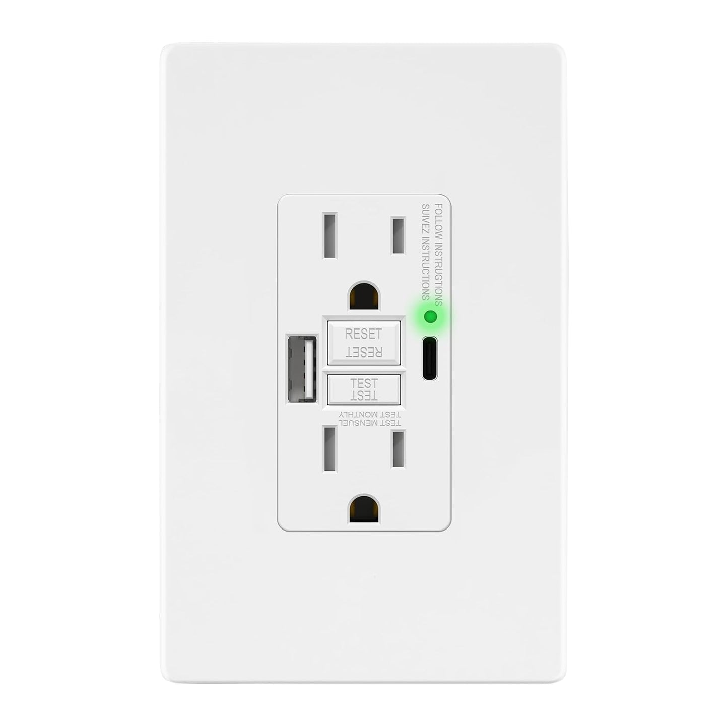 15A GFCI USB Outlet, Tamper-Resistant Receptacle with Self-Test, LED Indicator, USB 1A1C