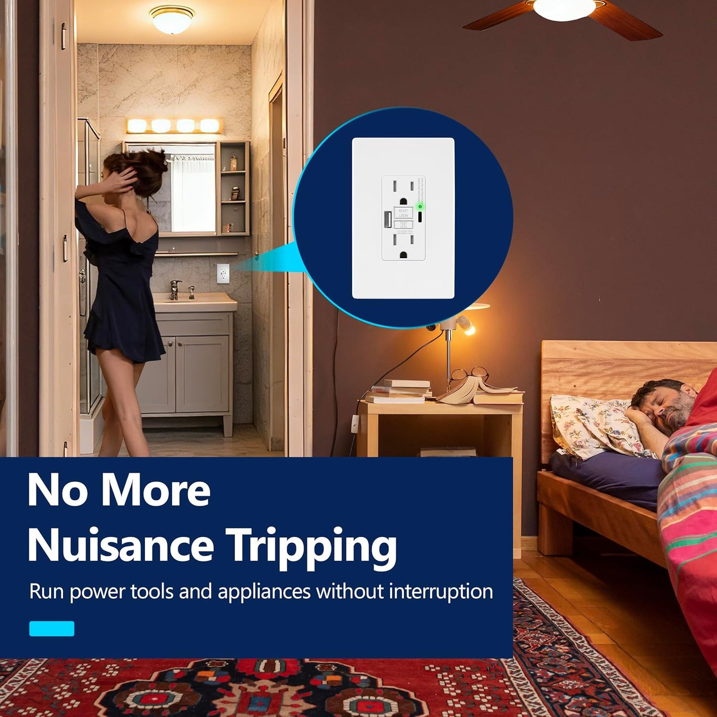 15A GFCI USB Outlet, Tamper-Resistant Receptacle with Self-Test, LED Indicator, USB 1A1C