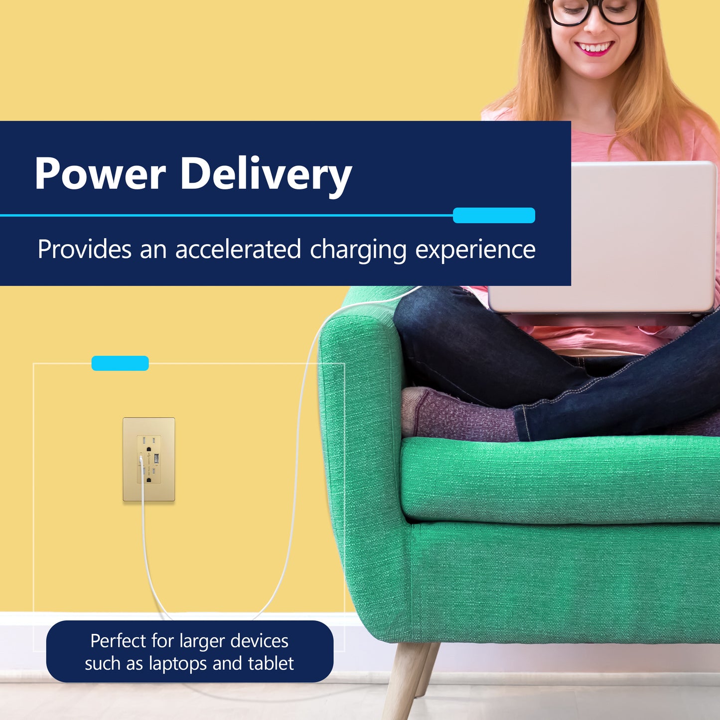 USB Type-A and Type-C charger with 15A Tamper-Resistant Receptacles, Duplex Receptacle with 1 USB Type-A and 1 USB Type-C Charging Ports (Max 30W), Power Delivery, Interchangeable Face Cover, Wall Plate Included