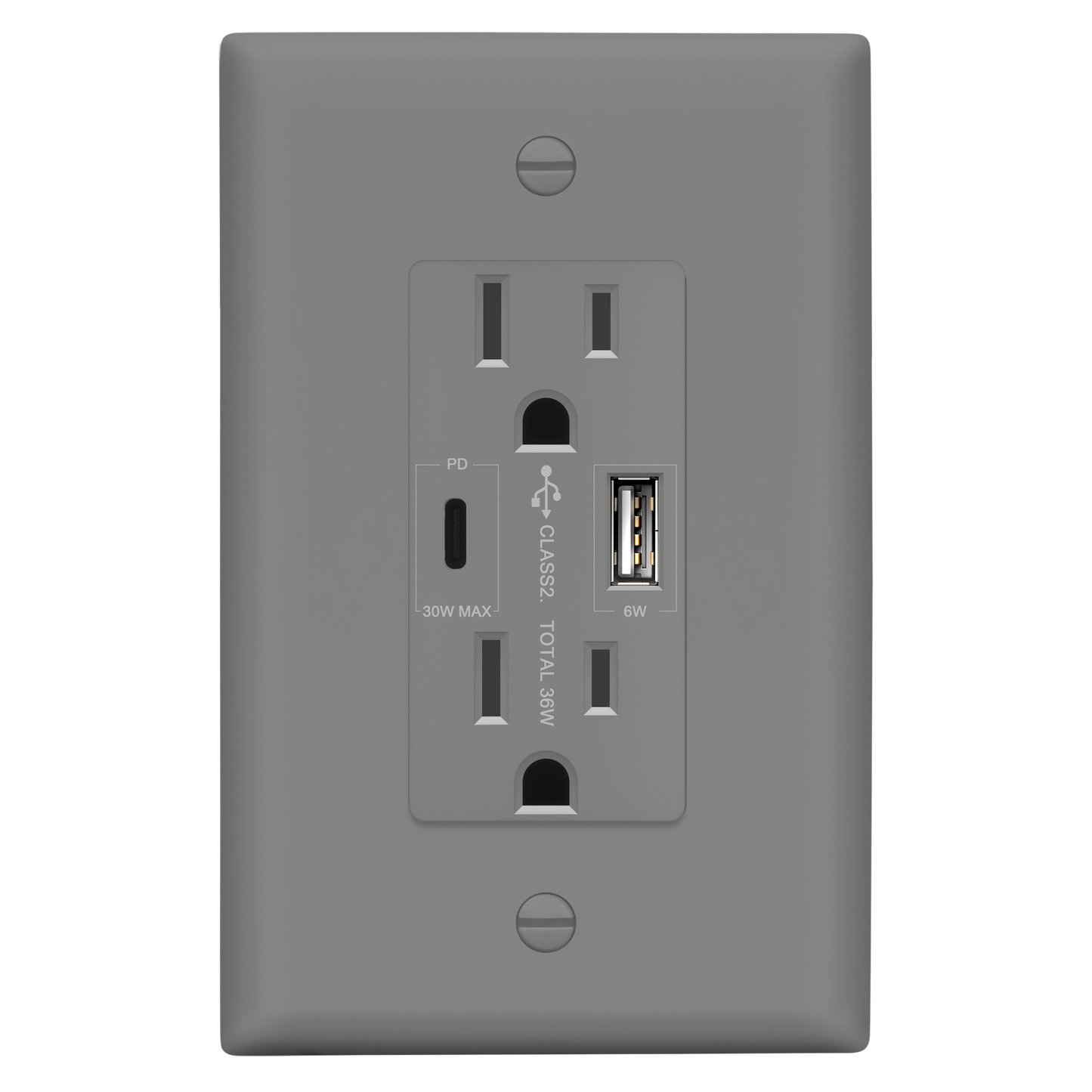 USB Type-A and Type-C charger with 15A Tamper-Resistant Receptacles, Duplex Receptacle with 1 USB Type-A and 1 USB Type-C Charging Ports (Max 30W), Power Delivery, Interchangeable Face Cover, Wall Plate Included