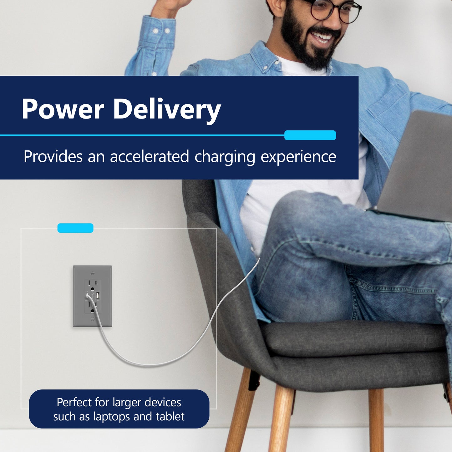 USB Type-A and Type-C charger with 15A Tamper-Resistant Receptacles, Duplex Receptacle with 1 USB Type-A and 1 USB Type-C Charging Ports (Max 30W), Power Delivery, Interchangeable Face Cover, Wall Plate Included