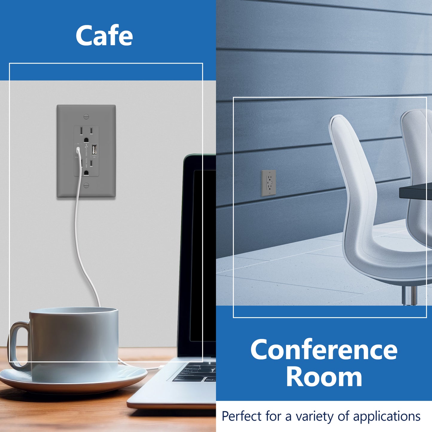 USB Type-A and Type-C charger with 15A Tamper-Resistant Receptacles, Duplex Receptacle with 1 USB Type-A and 1 USB Type-C Charging Ports (Max 30W), Power Delivery, Interchangeable Face Cover, Wall Plate Included