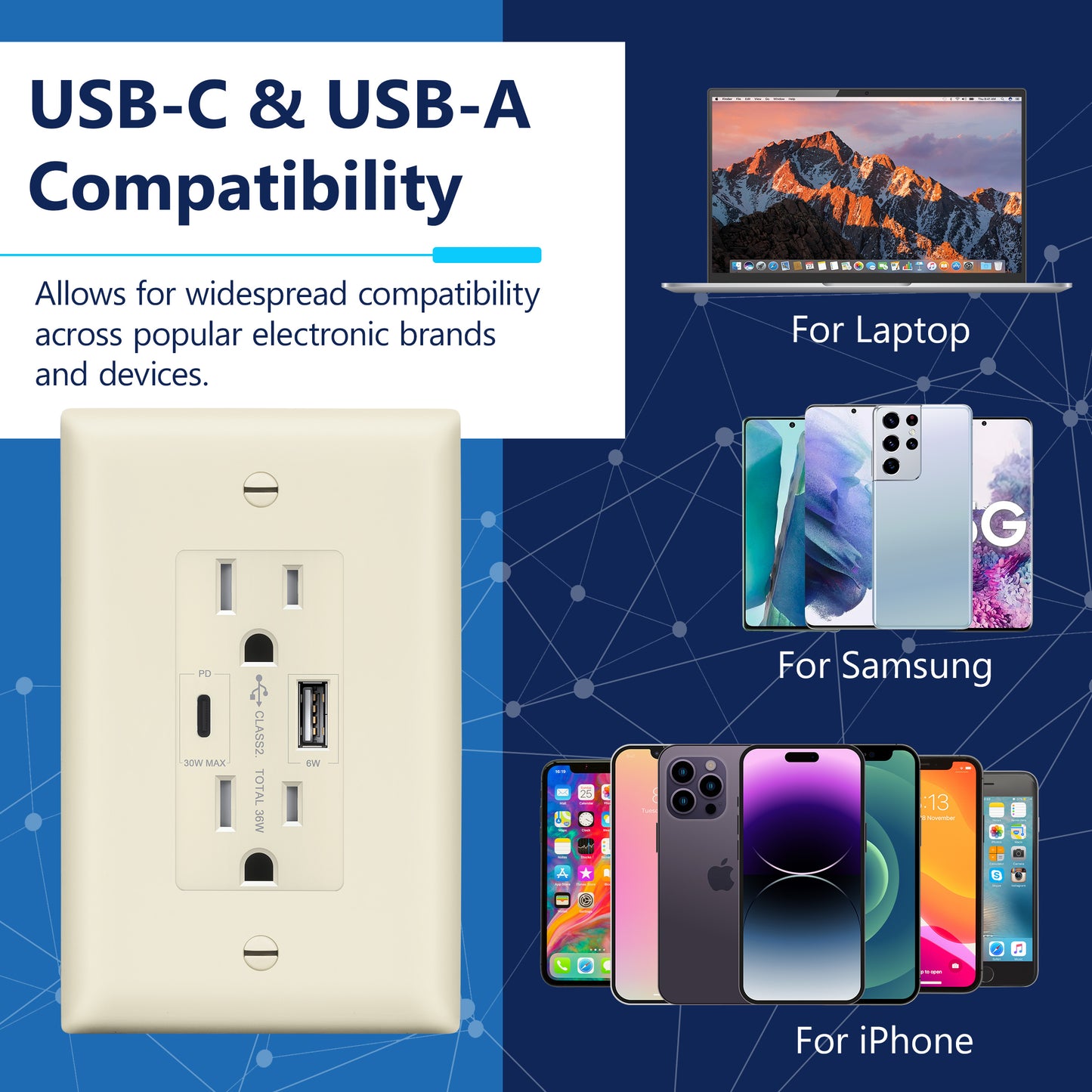 USB Type-A and Type-C charger with 15A Tamper-Resistant Receptacles, Duplex Receptacle with 1 USB Type-A and 1 USB Type-C Charging Ports (Max 30W), Power Delivery, Interchangeable Face Cover, Wall Plate Included