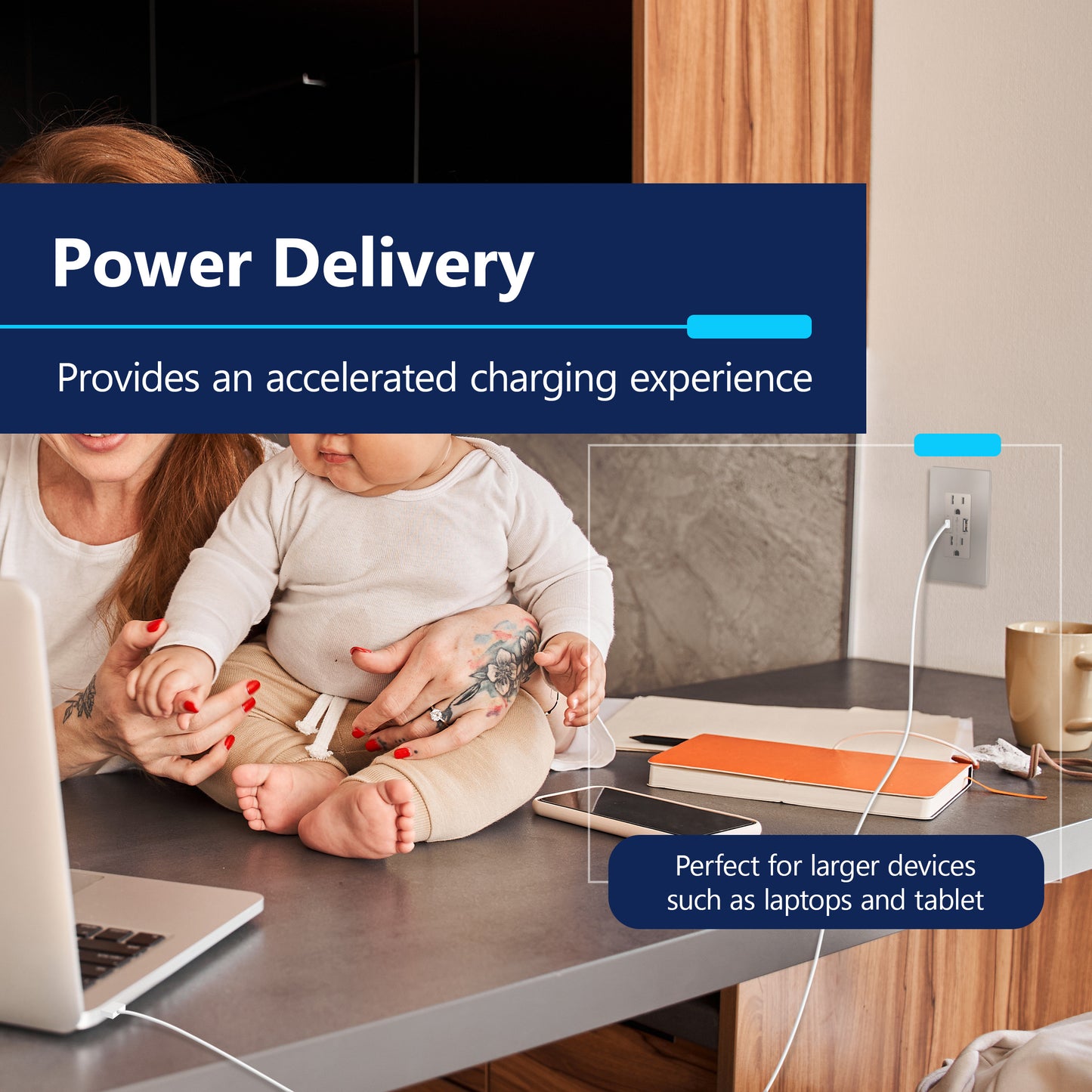 USB Type-A and Type-C charger with 15A Tamper-Resistant Receptacles, Duplex Receptacle with 1 USB Type-A and 1 USB Type-C Charging Ports (Max 30W), Power Delivery, Interchangeable Face Cover, Wall Plate Included