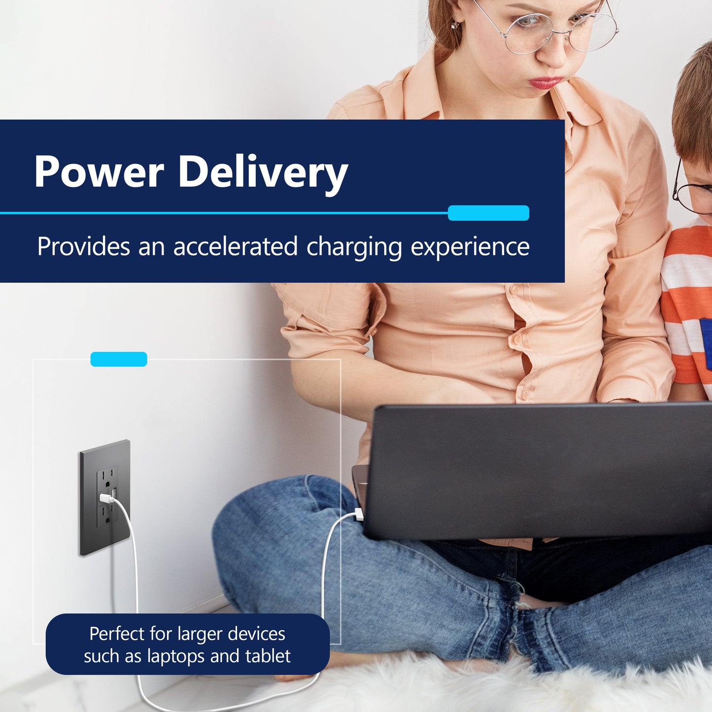 USB Type-A and Type-C charger with 15A Tamper-Resistant Receptacles, Duplex Receptacle with 1 USB Type-A and 1 USB Type-C Charging Ports (Max 30W), Power Delivery, Interchangeable Face Cover, Wall Plate Included