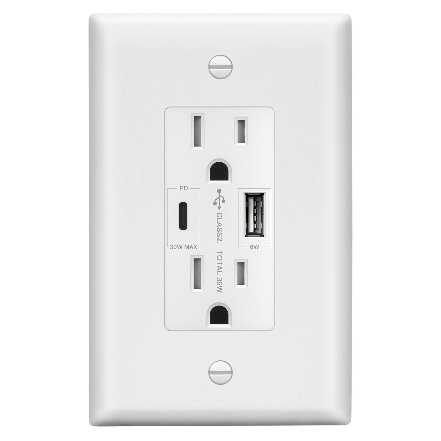 USB Type-A and Type-C charger with 15A Tamper-Resistant Receptacles, Duplex Receptacle with 1 USB Type-A and 1 USB Type-C Charging Ports (Max 30W), Power Delivery, Interchangeable Face Cover, Wall Plate Included