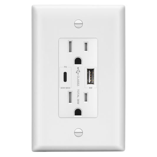 USB Type-A and Type-C charger with 15A Tamper-Resistant Receptacles, Duplex Receptacle with 1 USB Type-A and 1 USB Type-C Charging Ports (Max 30W), Power Delivery, Interchangeable Face Cover, Wall Plate Included