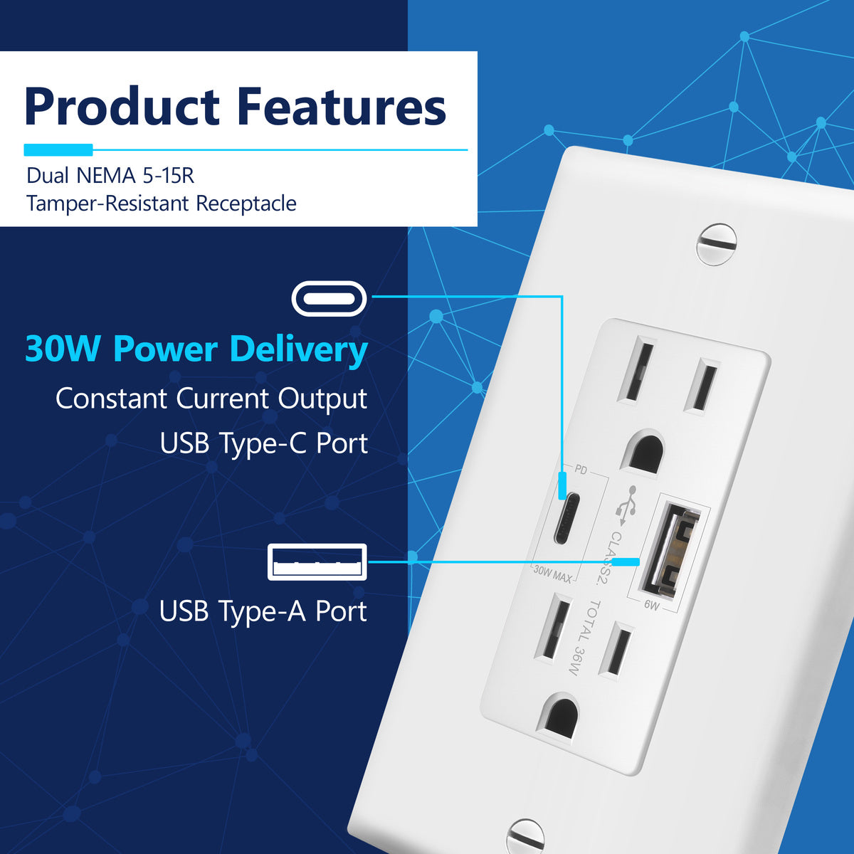 USB Type-A and Type-C charger with 15A Tamper-Resistant Receptacles, Duplex Receptacle with 1 USB Type-A and 1 USB Type-C Charging Ports (Max 30W), Power Delivery, Interchangeable Face Cover, Wall Plate Included