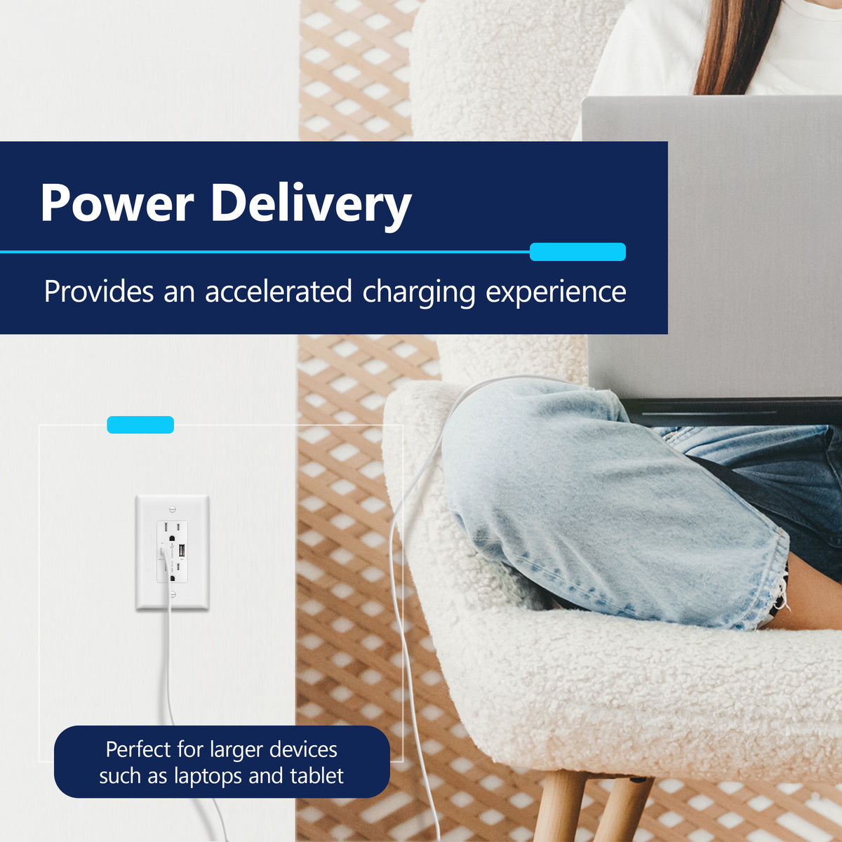 USB Type-A and Type-C charger with 15A Tamper-Resistant Receptacles, Duplex Receptacle with 1 USB Type-A and 1 USB Type-C Charging Ports (Max 30W), Power Delivery, Interchangeable Face Cover, Wall Plate Included
