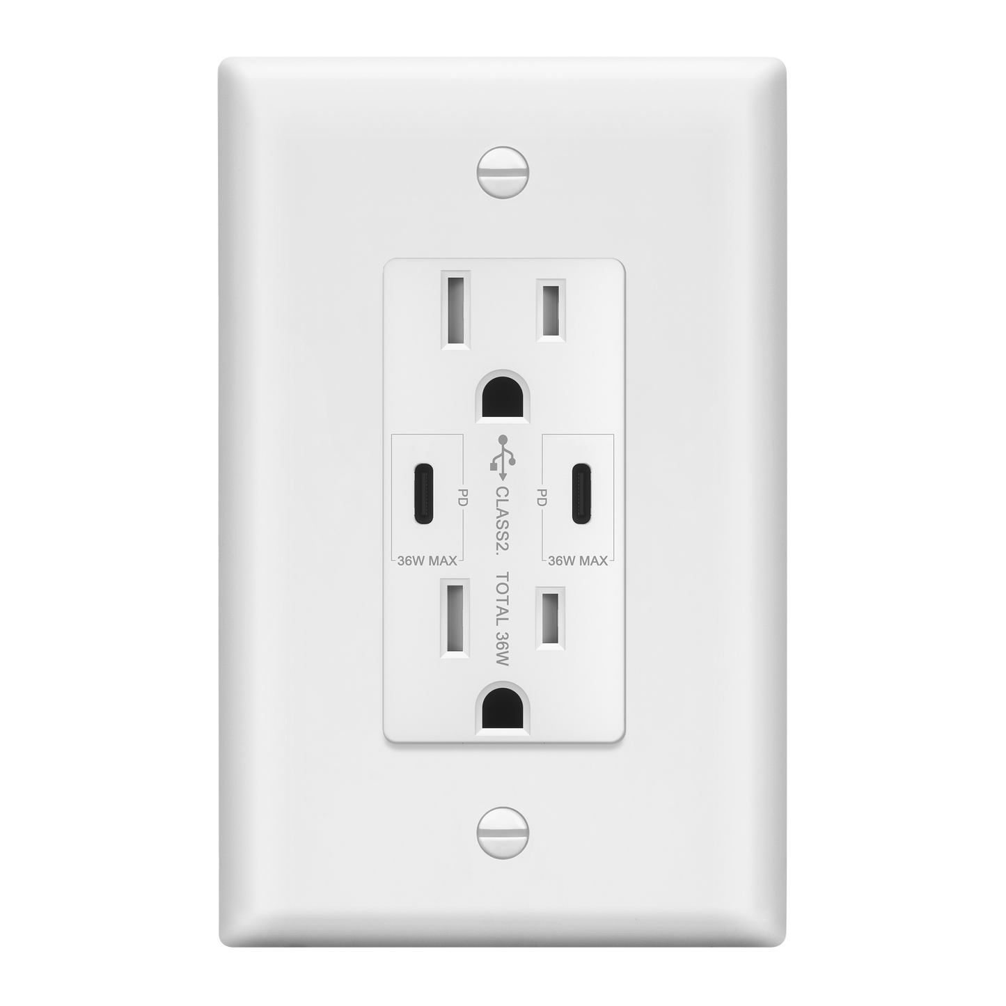 USB Type-C charger with 15A Tamper-Resistant Receptacles, Duplex Receptacle with 2 USB Type-C Charging Ports (Max 36W), Power Delivery, Interchangeable Face Cover, Wall Plate Included