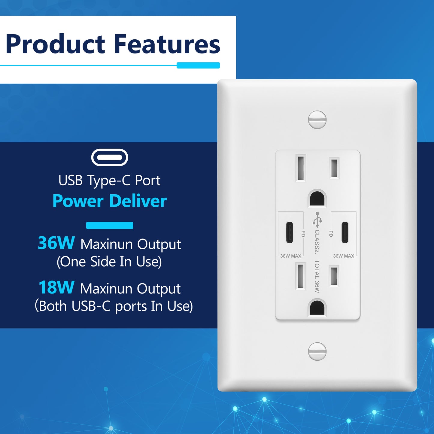 USB Type-C charger with 15A Tamper-Resistant Receptacles, Duplex Receptacle with 2 USB Type-C Charging Ports (Max 36W), Power Delivery, Interchangeable Face Cover, Wall Plate Included