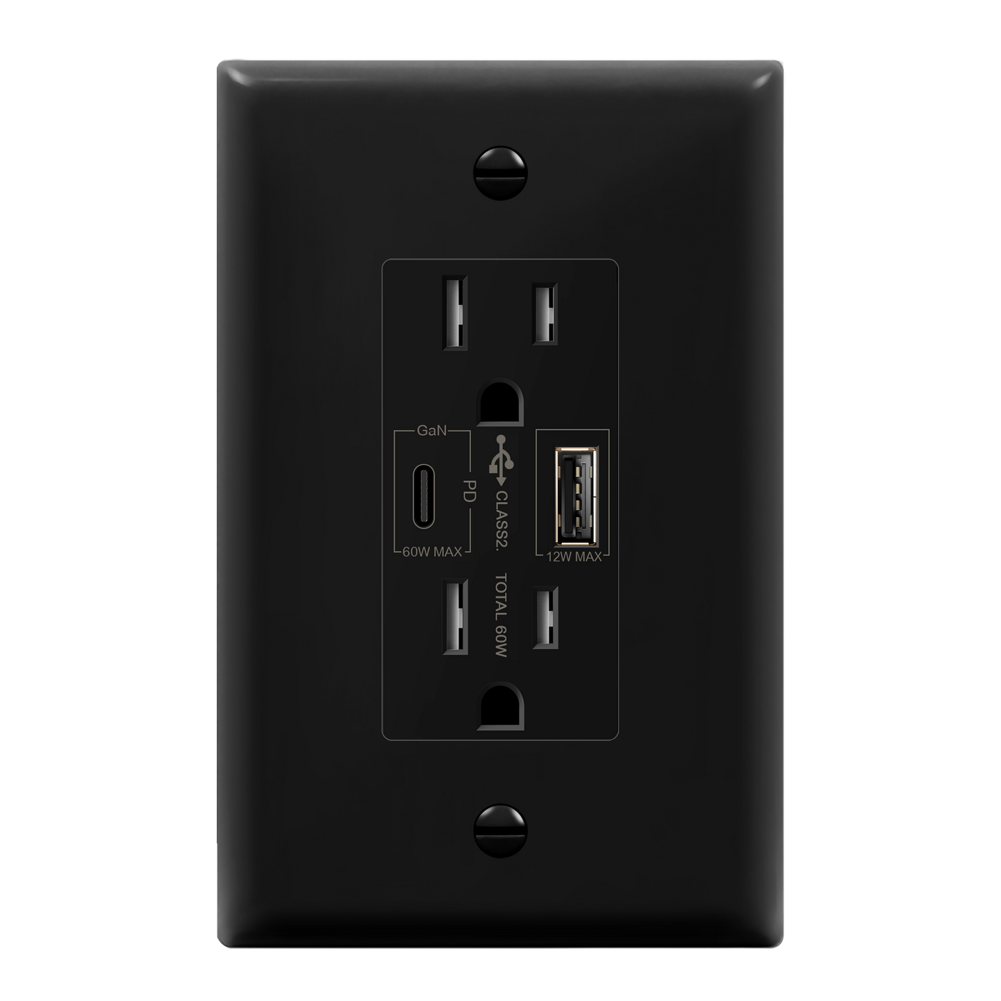 USB Type-A and Type-C charger with 15A Tamper-Resistant Receptacles, Duplex Receptacle with 1 USB Type-A and 1 USB Type-C Charging Ports (Max 60W), Power Delivery, Interchangeable Face Cover, Wall Plate Included