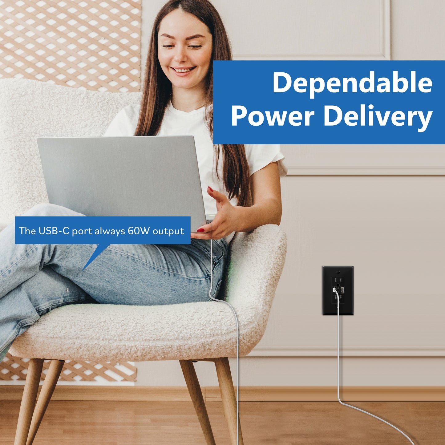 USB Type-A and Type-C charger with 15A Tamper-Resistant Receptacles, Duplex Receptacle with 1 USB Type-A and 1 USB Type-C Charging Ports (Max 60W), Power Delivery, Interchangeable Face Cover, Wall Plate Included