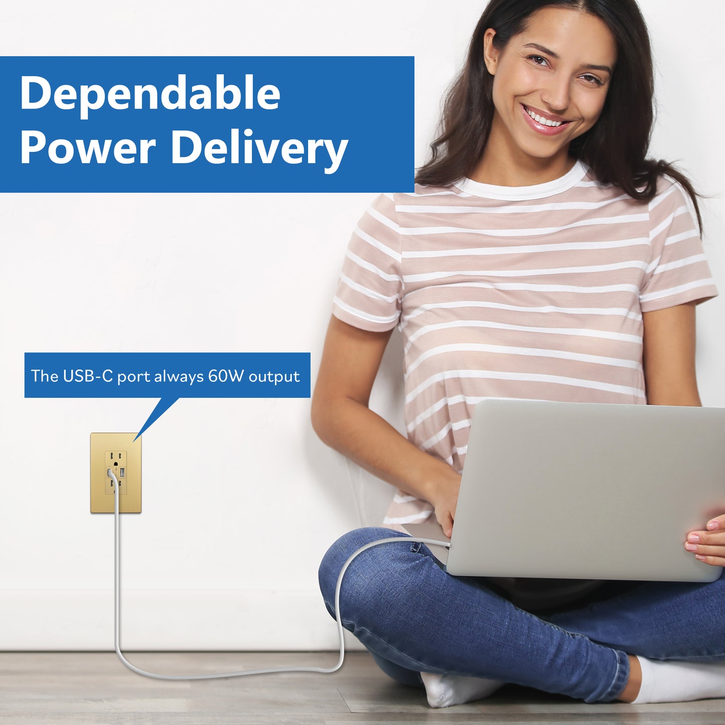 USB Type-A and Type-C charger with 15A Tamper-Resistant Receptacles, Duplex Receptacle with 1 USB Type-A and 1 USB Type-C Charging Ports (Max 60W), Power Delivery, Interchangeable Face Cover, Wall Plate Included