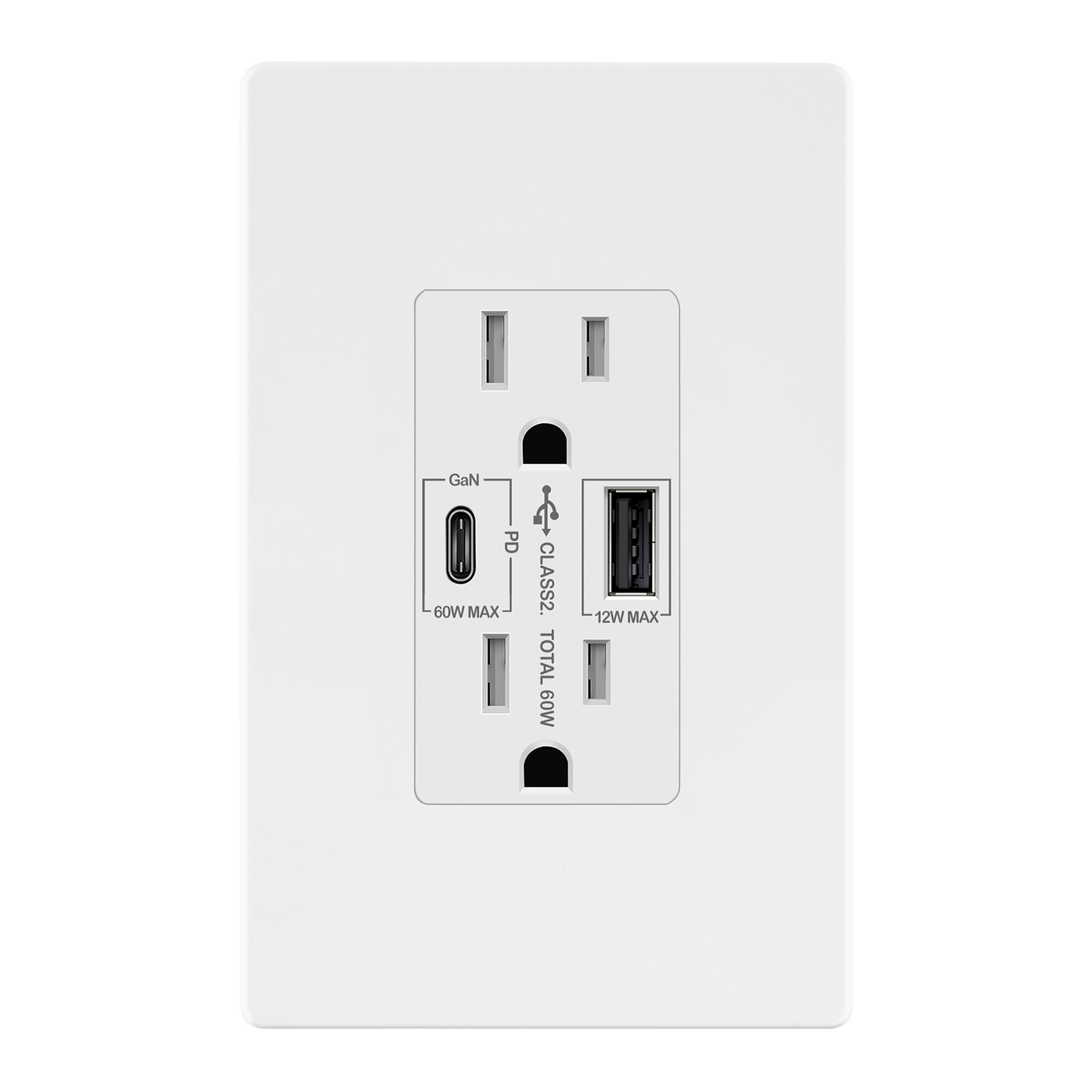 USB Type-A and Type-C charger with 15A Tamper-Resistant Receptacles, Duplex Receptacle with 1 USB Type-A and 1 USB Type-C Charging Ports (Max 60W), Power Delivery, Interchangeable Face Cover, Wall Plate Included