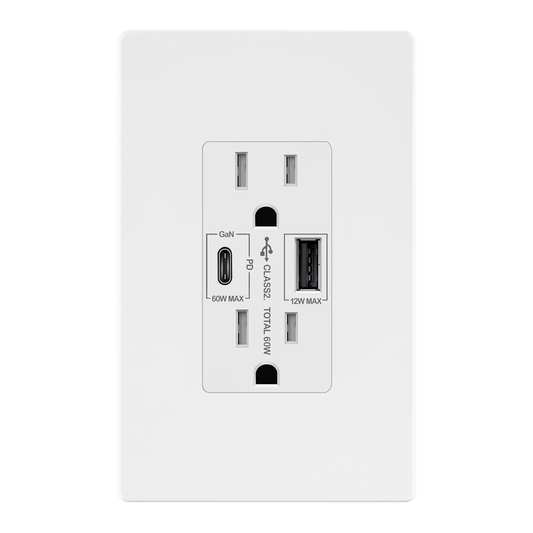USB Type-A and Type-C charger with 15A Tamper-Resistant Receptacles, Duplex Receptacle with 1 USB Type-A and 1 USB Type-C Charging Ports (Max 60W), Power Delivery, Interchangeable Face Cover, Wall Plate Included