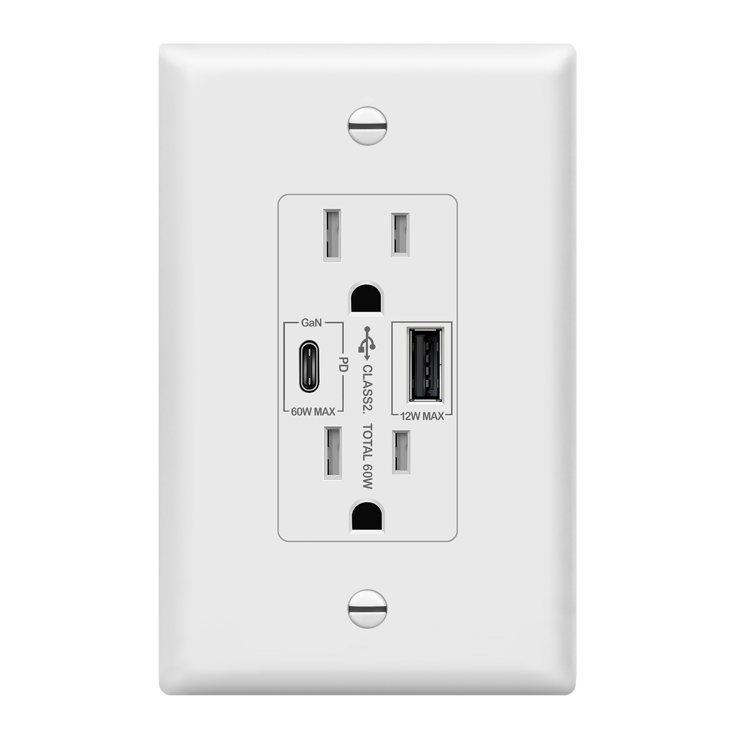 USB Type-A and Type-C charger with 15A Tamper-Resistant Receptacles, Duplex Receptacle with 1 USB Type-A and 1 USB Type-C Charging Ports (Max 60W), Power Delivery, Interchangeable Face Cover, Wall Plate Included