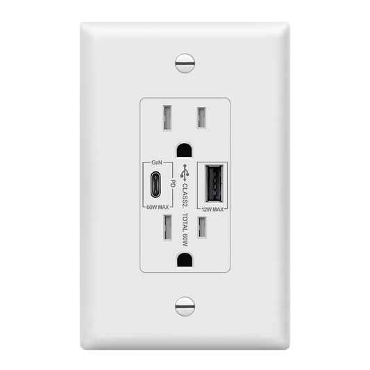 USB Type-A and Type-C charger with 15A Tamper-Resistant Receptacles, Duplex Receptacle with 1 USB Type-A and 1 USB Type-C Charging Ports (Max 60W), Power Delivery, Interchangeable Face Cover, Wall Plate Included