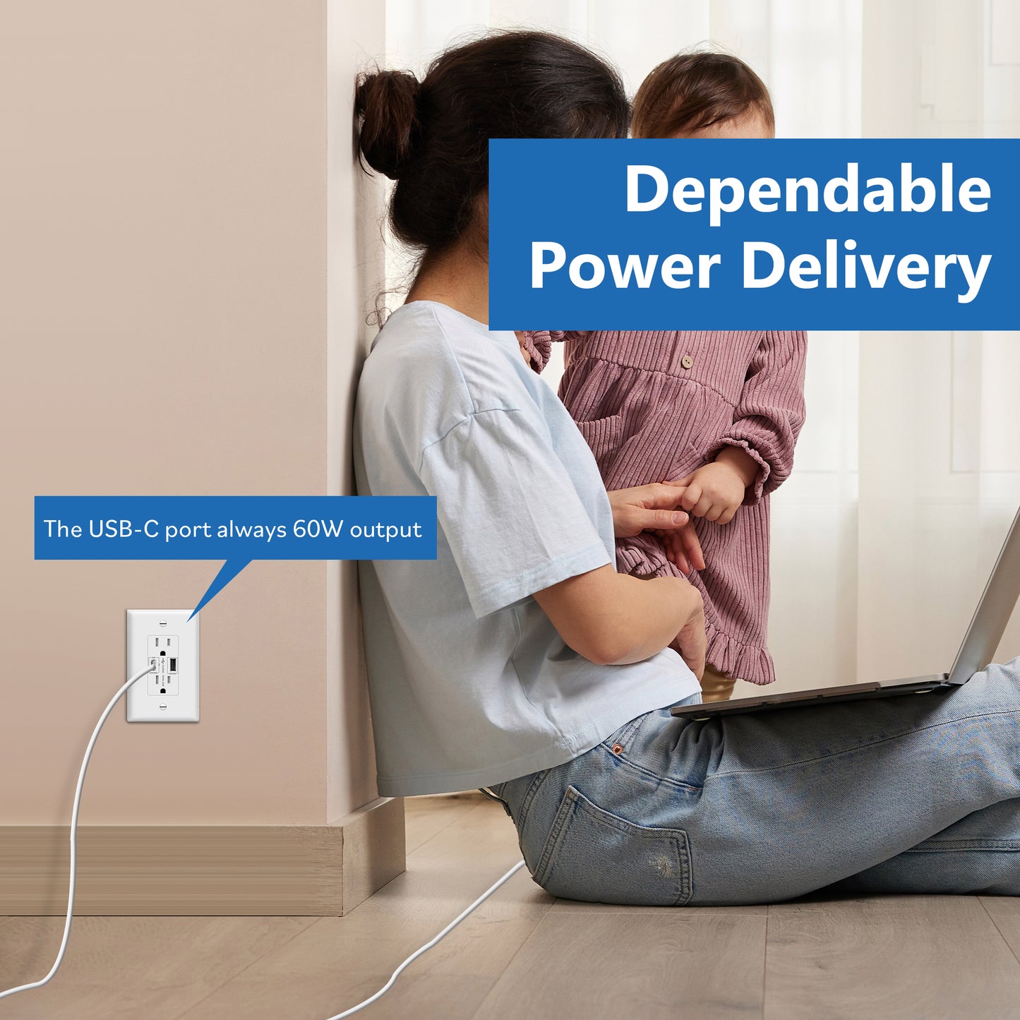 USB Type-A and Type-C charger with 15A Tamper-Resistant Receptacles, Duplex Receptacle with 1 USB Type-A and 1 USB Type-C Charging Ports (Max 60W), Power Delivery, Interchangeable Face Cover, Wall Plate Included
