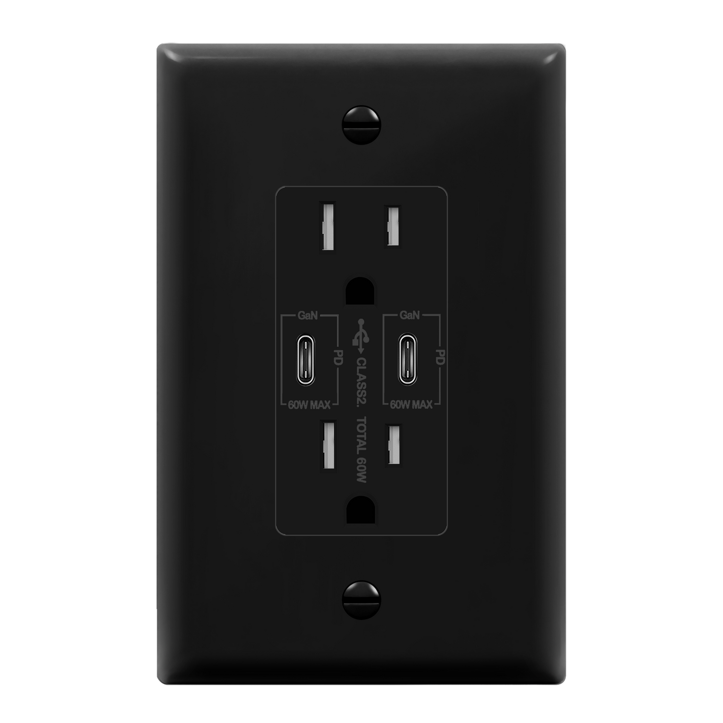 USB Type-C charger with 15A Tamper-Resistant Receptacles, Duplex Receptacle with 2 USB Type-C Charging Ports (Max 60W), Power Delivery, Interchangeable Face Cover, Wall Plate Included