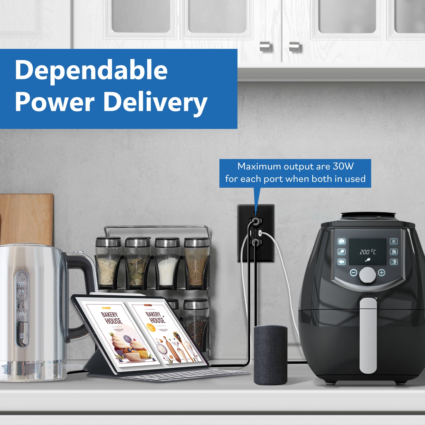 USB Type-C charger with 15A Tamper-Resistant Receptacles, Duplex Receptacle with 2 USB Type-C Charging Ports (Max 60W), Power Delivery, Interchangeable Face Cover, Wall Plate Included