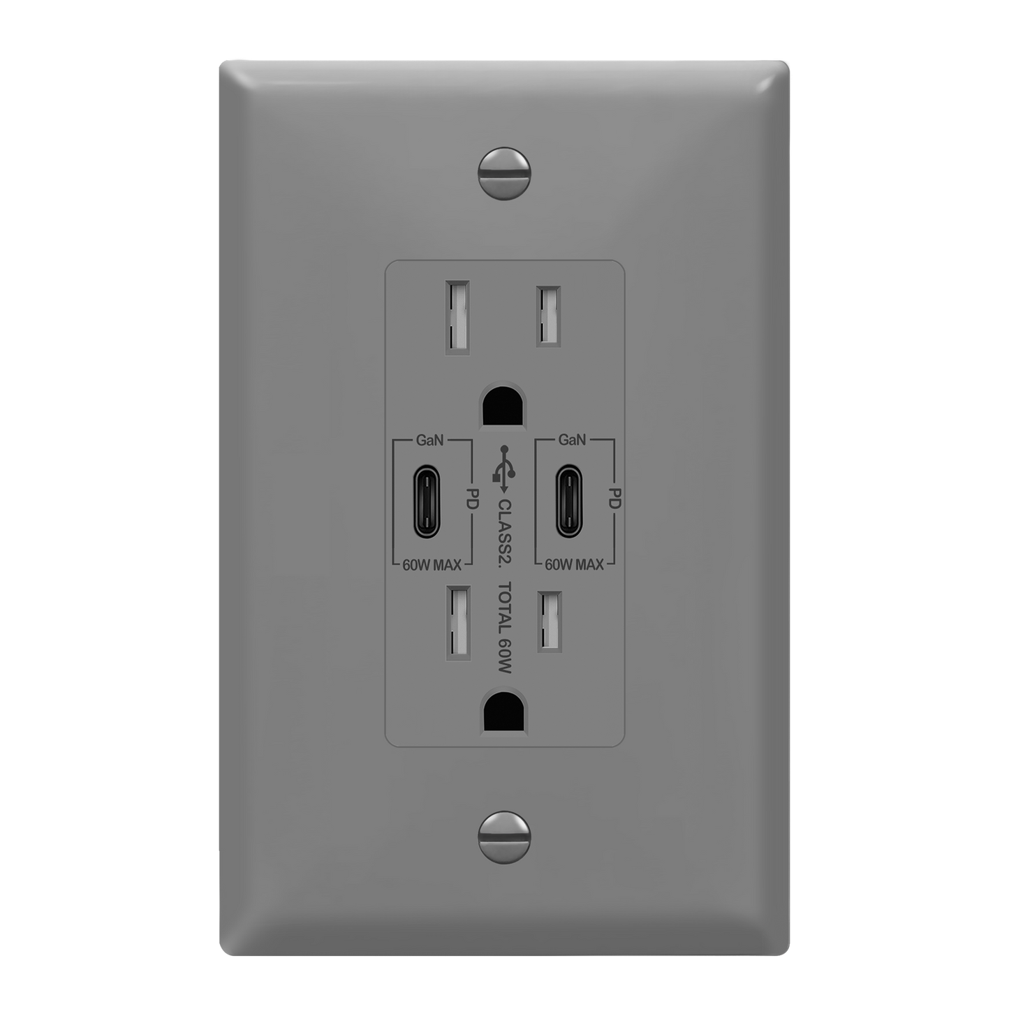 USB Type-C charger with 15A Tamper-Resistant Receptacles, Duplex Receptacle with 2 USB Type-C Charging Ports (Max 60W), Power Delivery, Interchangeable Face Cover, Wall Plate Included