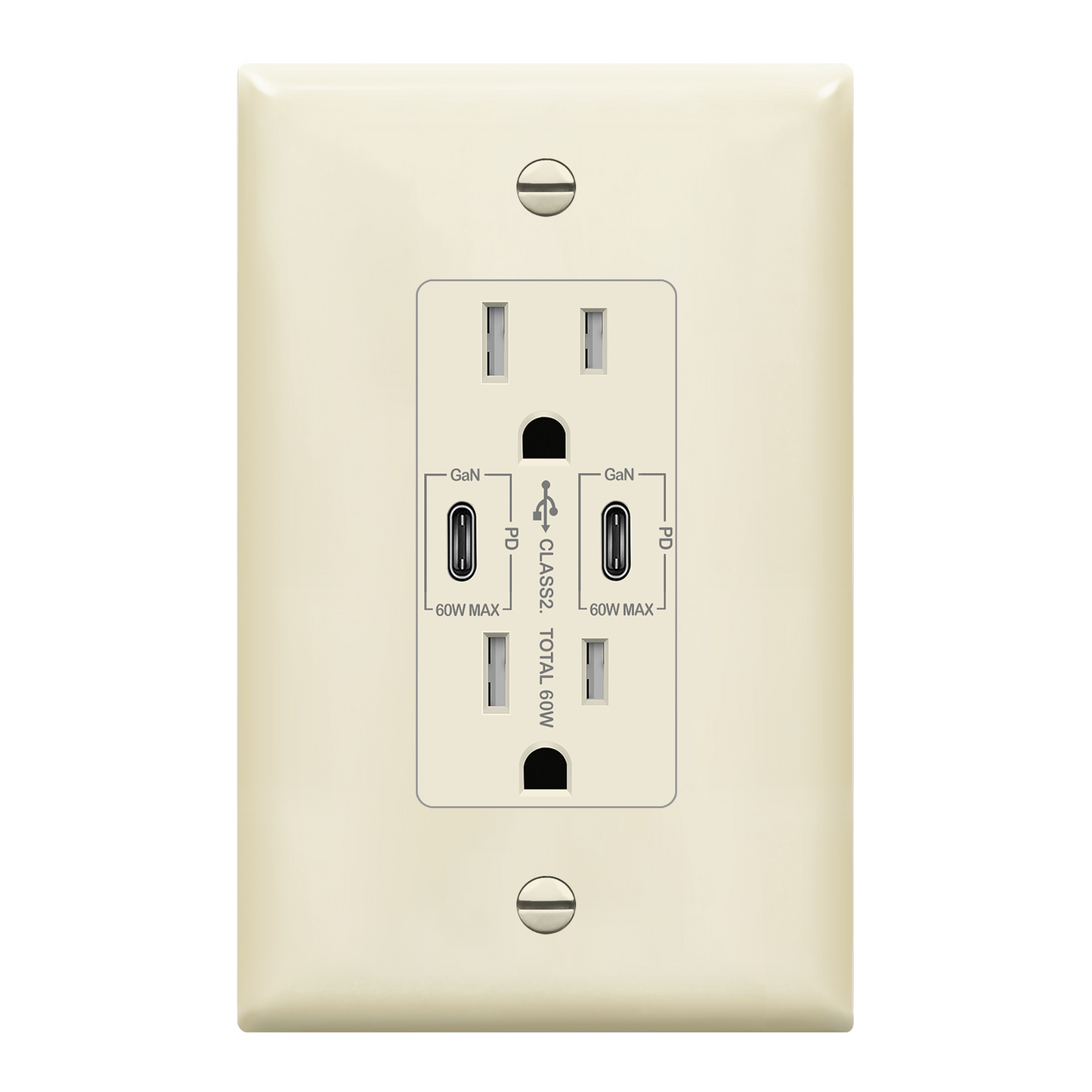 USB Type-C charger with 15A Tamper-Resistant Receptacles, Duplex Receptacle with 2 USB Type-C Charging Ports (Max 60W), Power Delivery, Interchangeable Face Cover, Wall Plate Included