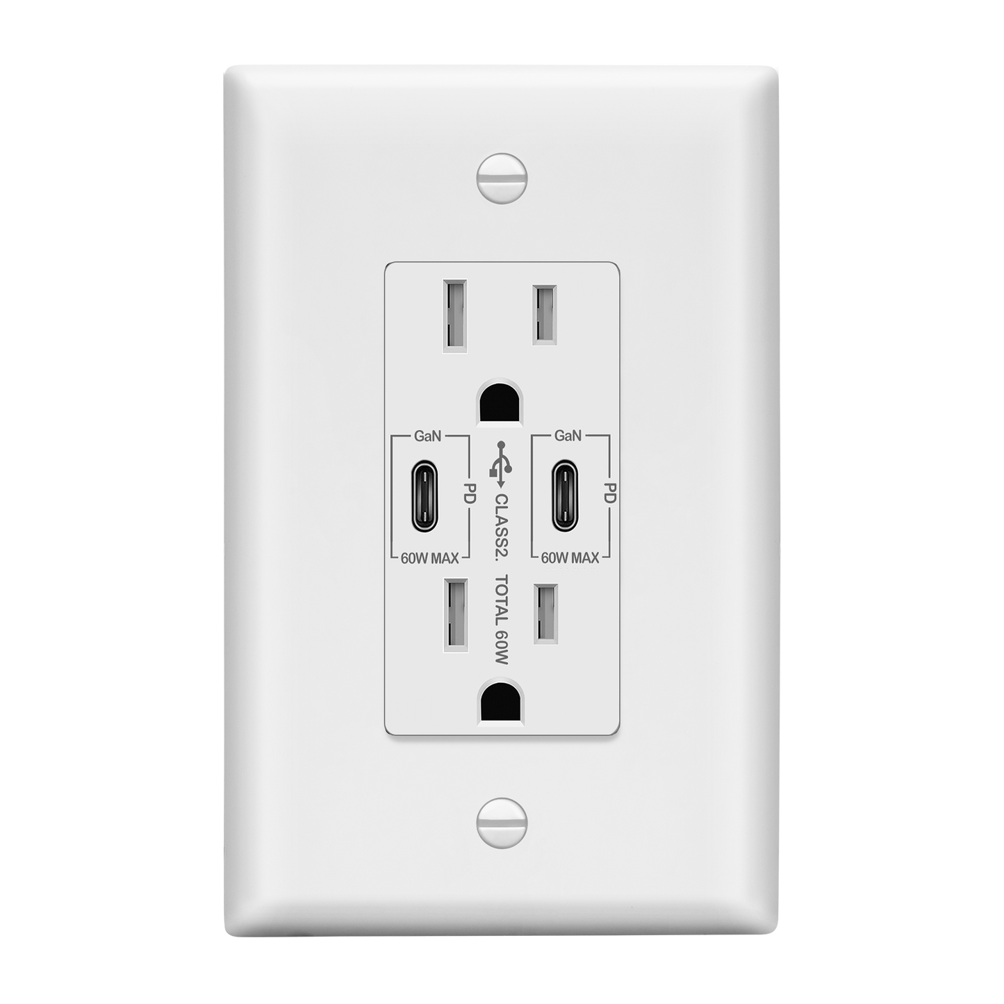USB Type-C charger with 15A Tamper-Resistant Receptacles, Duplex Receptacle with 2 USB Type-C Charging Ports (Max 60W), Power Delivery, Interchangeable Face Cover, Wall Plate Included