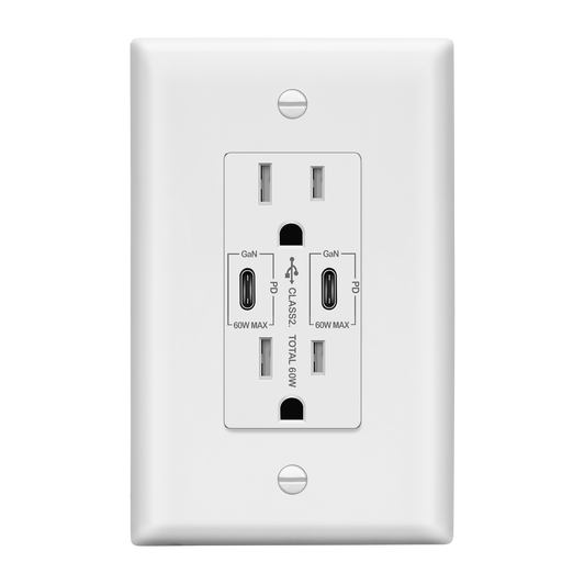 USB Type-C charger with 15A Tamper-Resistant Receptacles, Duplex Receptacle with 2 USB Type-C Charging Ports (Max 60W), Power Delivery, Interchangeable Face Cover, Wall Plate Included