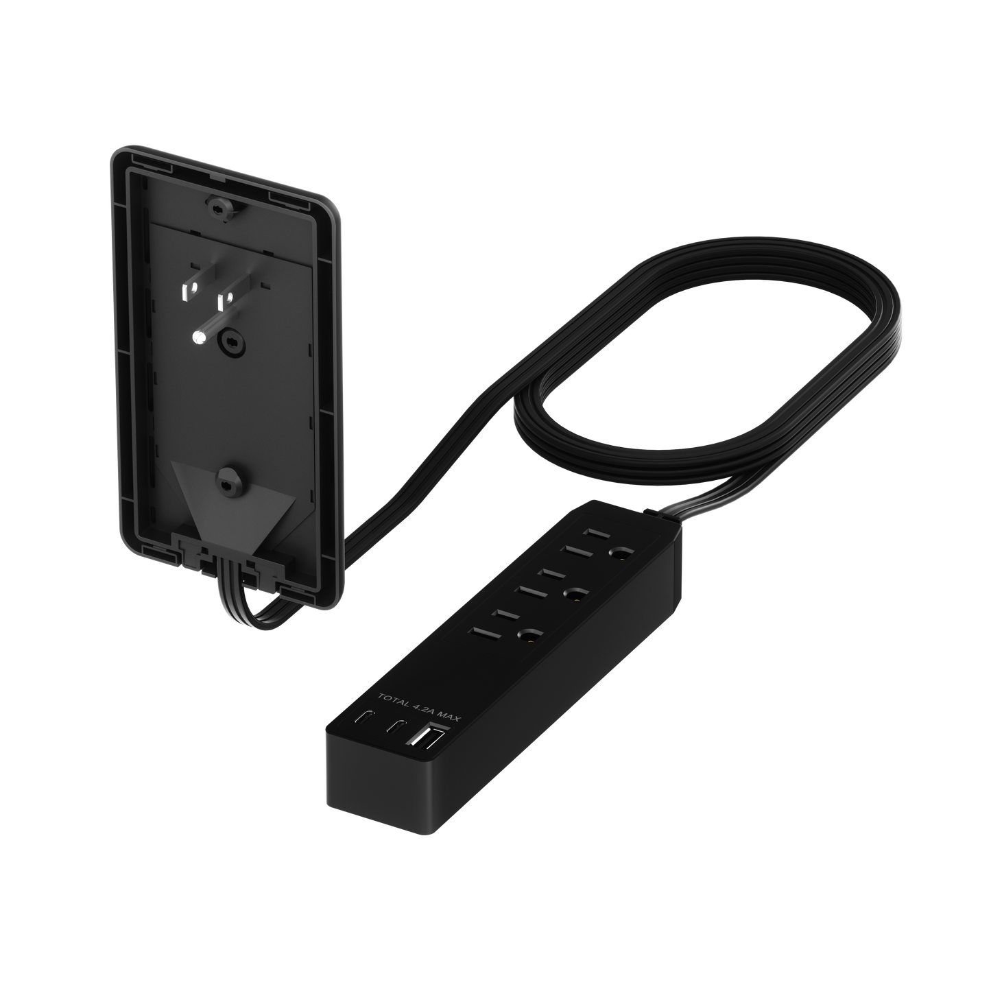 Outlet Extender with 3 Receptacles, 4.2A USB Type-A, and 2 USB Type-C, Ultra-Thin Wall Plate Plug with Cord Extender, 3-Outlet Power Strip, Flat-Face, 3 Feet Cord