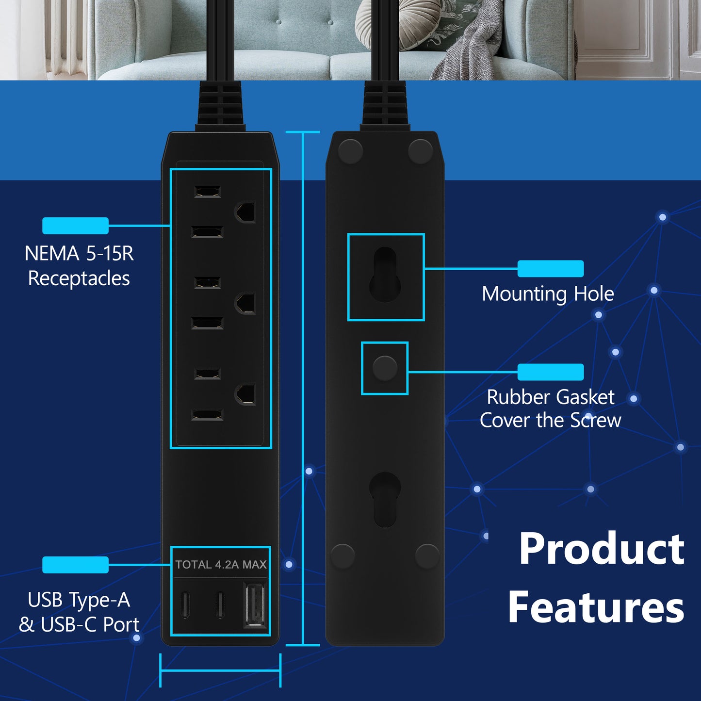 Outlet Extender with 3 Receptacles, 4.2A USB Type-A, and 2 USB Type-C, Ultra-Thin Wall Plate Plug with Cord Extender, 3-Outlet Power Strip, Flat-Face, 3 Feet Cord