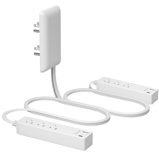 Dual-Strip Outlet Extender with 3 Receptacles, USB Type-A and USB Type-C, Ultra-Thin Wall Plate Plug with Cord Extender, 3-Outlet Power Strip, Flat-Face, 3-feet Cord