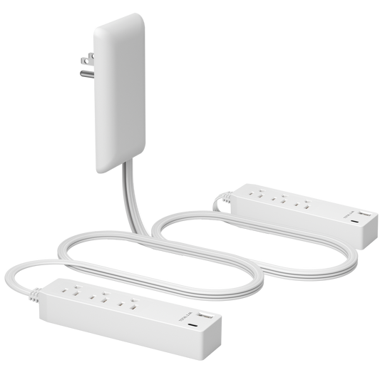 Dual-Strip Outlet Extender with 3 Receptacles, USB Type-A and USB Type-C, Ultra-Thin Wall Plate Plug with Cord Extender, 3-Outlet Power Strip, Flat-Face, 3-feet Cord
