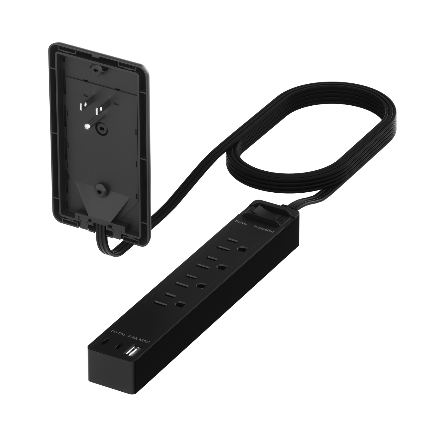Surge Protected 4-Outlet Wire Extender with Flat-Face, USB Type-A and 2 USB Type-C, Ultra-Thin Wall Plate Plug with Cord Extender, Surge Protection Up to 1500J, 4-Outlet Power Strip, Flat-Face, 5 Feet Cord