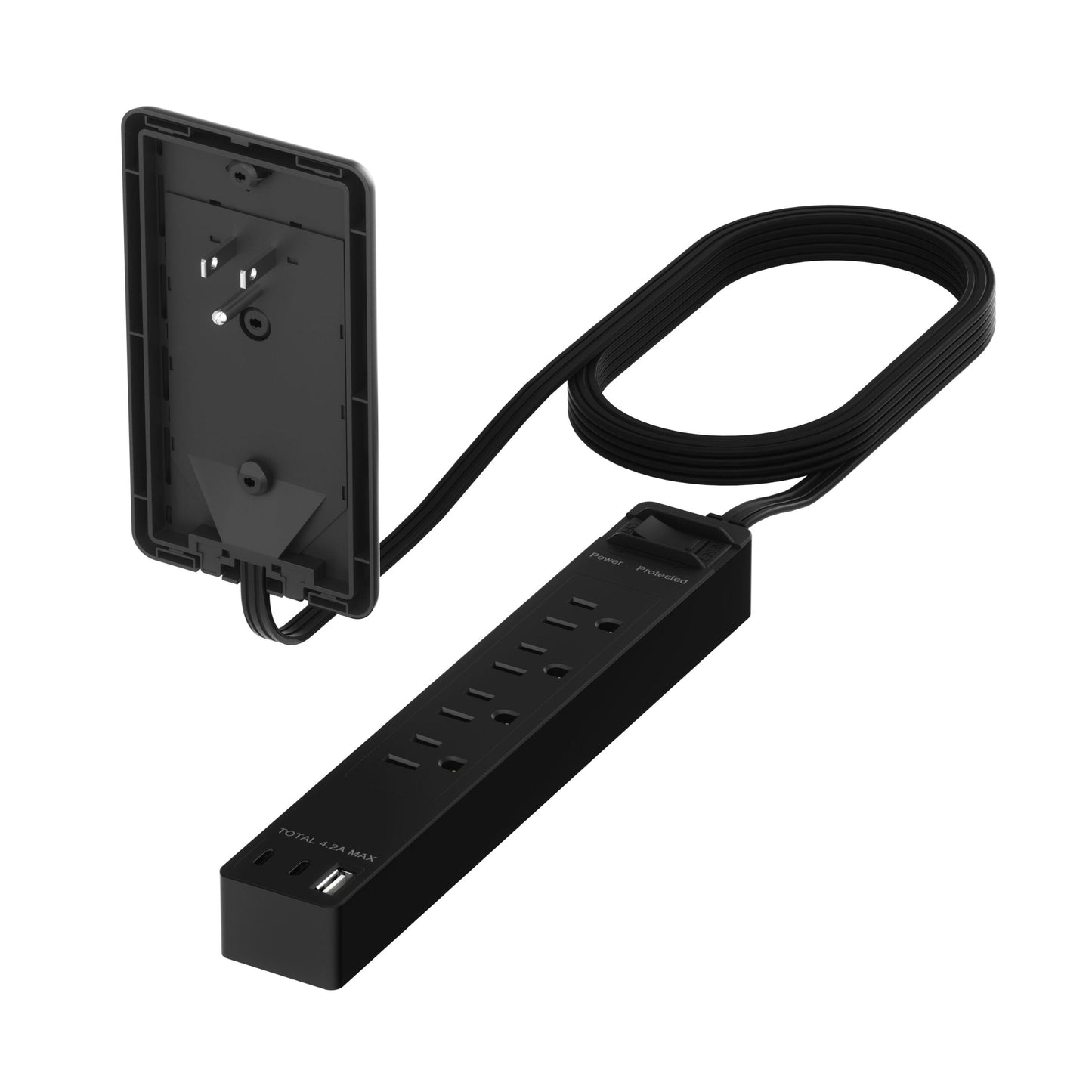 Surge Protected 4-Outlet Wire Extender with Flat-Face, USB Type-A and 2 USB Type-C, Ultra-Thin Wall Plate Plug with Cord Extender, Surge Protection Up to 1500J, 4-Outlet Power Strip, Flat-Face, 5 Feet Cord