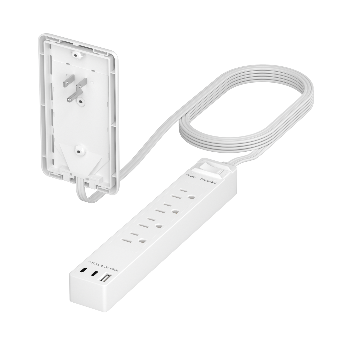 Surge Protected 4-Outlet Wire Extender with Flat-Face, USB Type-A and 2 USB Type-C, Ultra-Thin Wall Plate Plug with Cord Extender, Surge Protection Up to 1500J, 4-Outlet Power Strip, Flat-Face, 5 Feet Cord