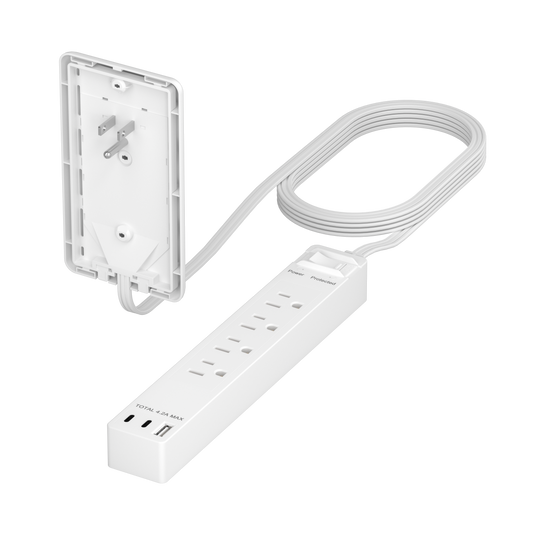 Surge Protected 4-Outlet Wire Extender with Flat-Face, USB Type-A and 2 USB Type-C, Ultra-Thin Wall Plate Plug with Cord Extender, Surge Protection Up to 1500J, 4-Outlet Power Strip, Flat-Face, 5 Feet Cord