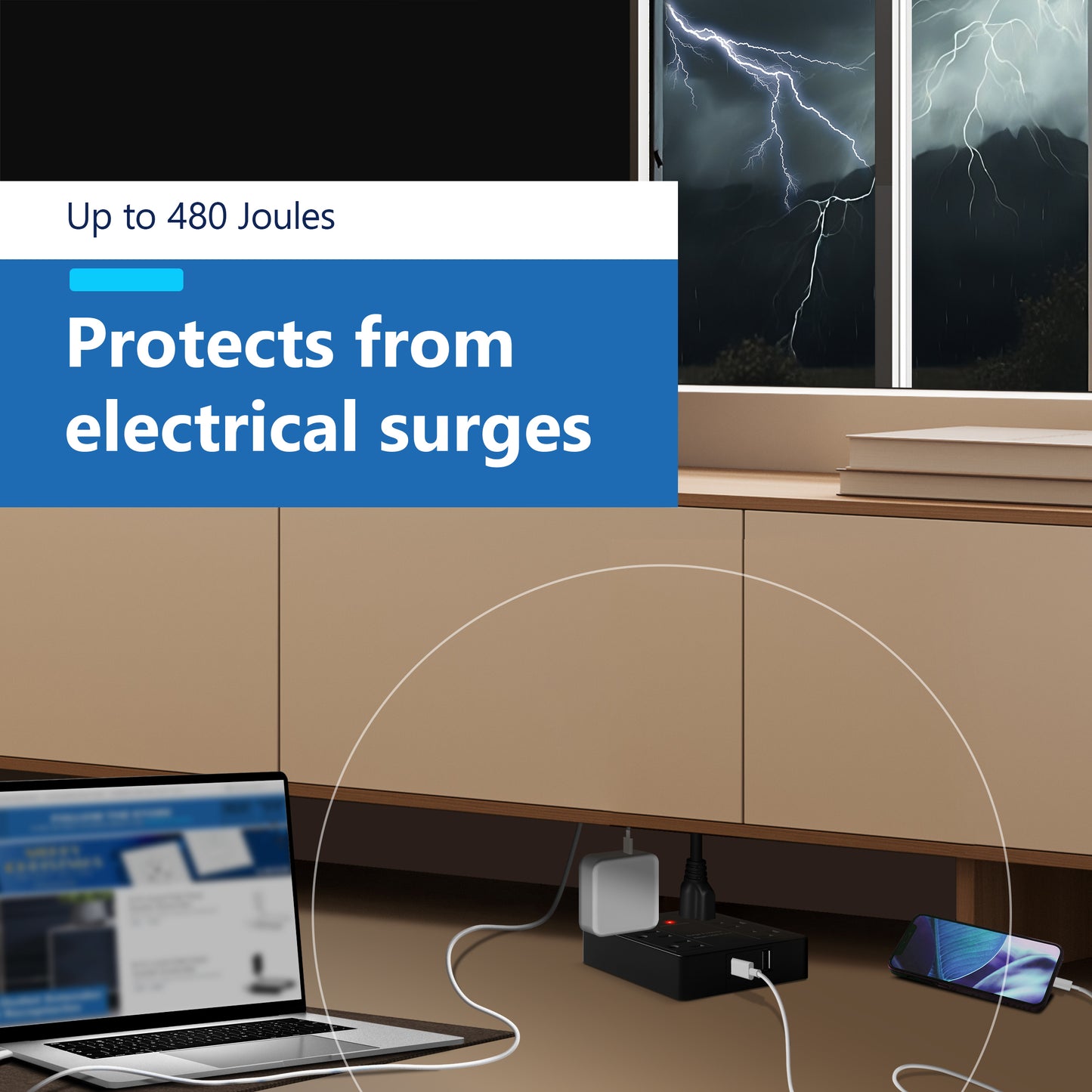 Surge Protected Outlet Power Strip with 6 AC Outlets, USB-A and USB-C, Ultra-Thin Flat-Plug with Cord Extender, 6-Outlet Power Strip, Surge Protection Up to 1500J, 5 Feet Cord