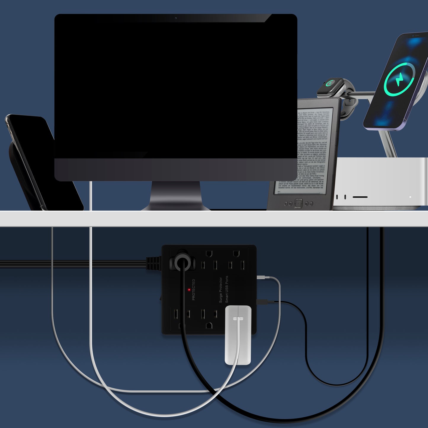 Surge Protected Outlet Power Strip with 6 AC Outlets, USB-A and USB-C, Ultra-Thin Flat-Plug with Cord Extender, 6-Outlet Power Strip, Surge Protection Up to 1500J, 5 Feet Cord